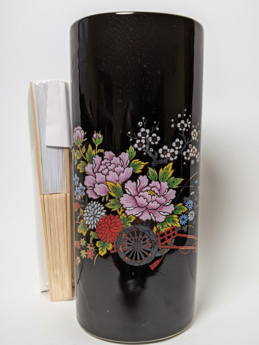 Black Lacquer Floral Vase with Hand-Painted Blooms